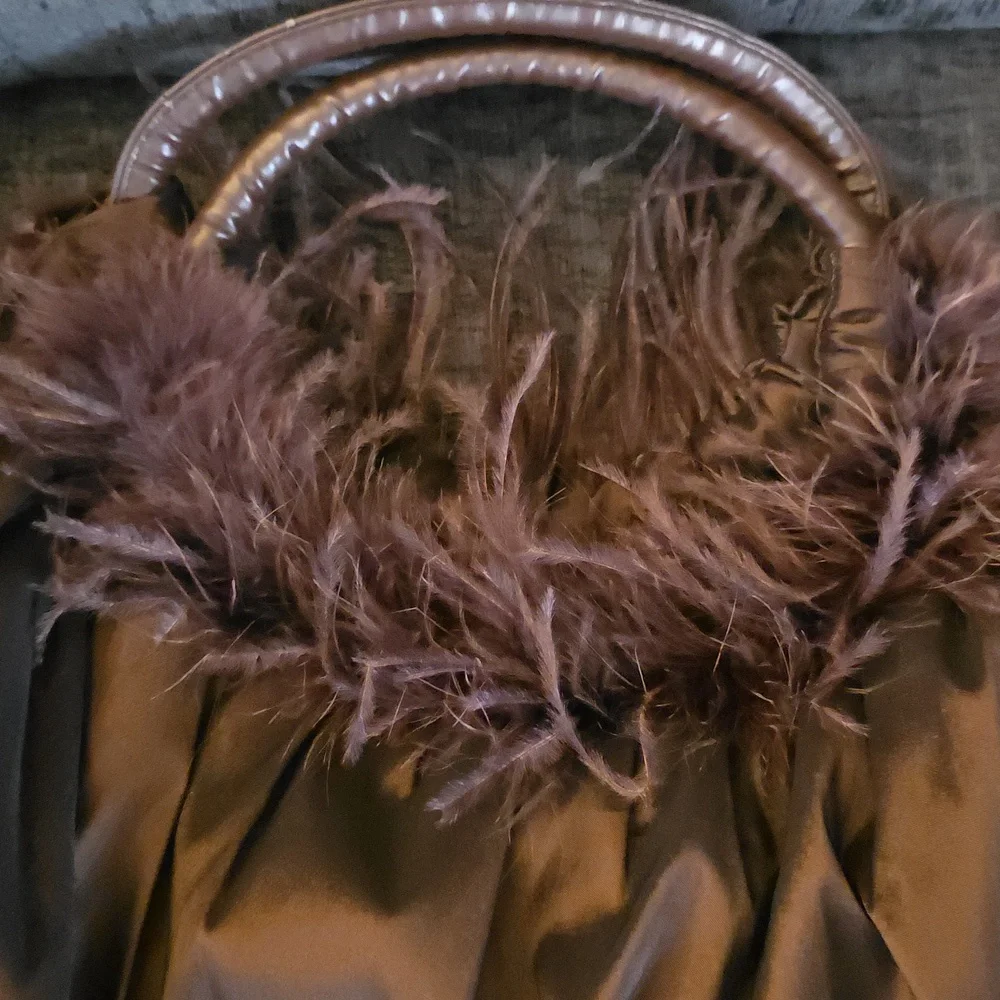 Artisan Made Feather Trim Evening Bag –approx 10x14 – Chocolate Satin Finish